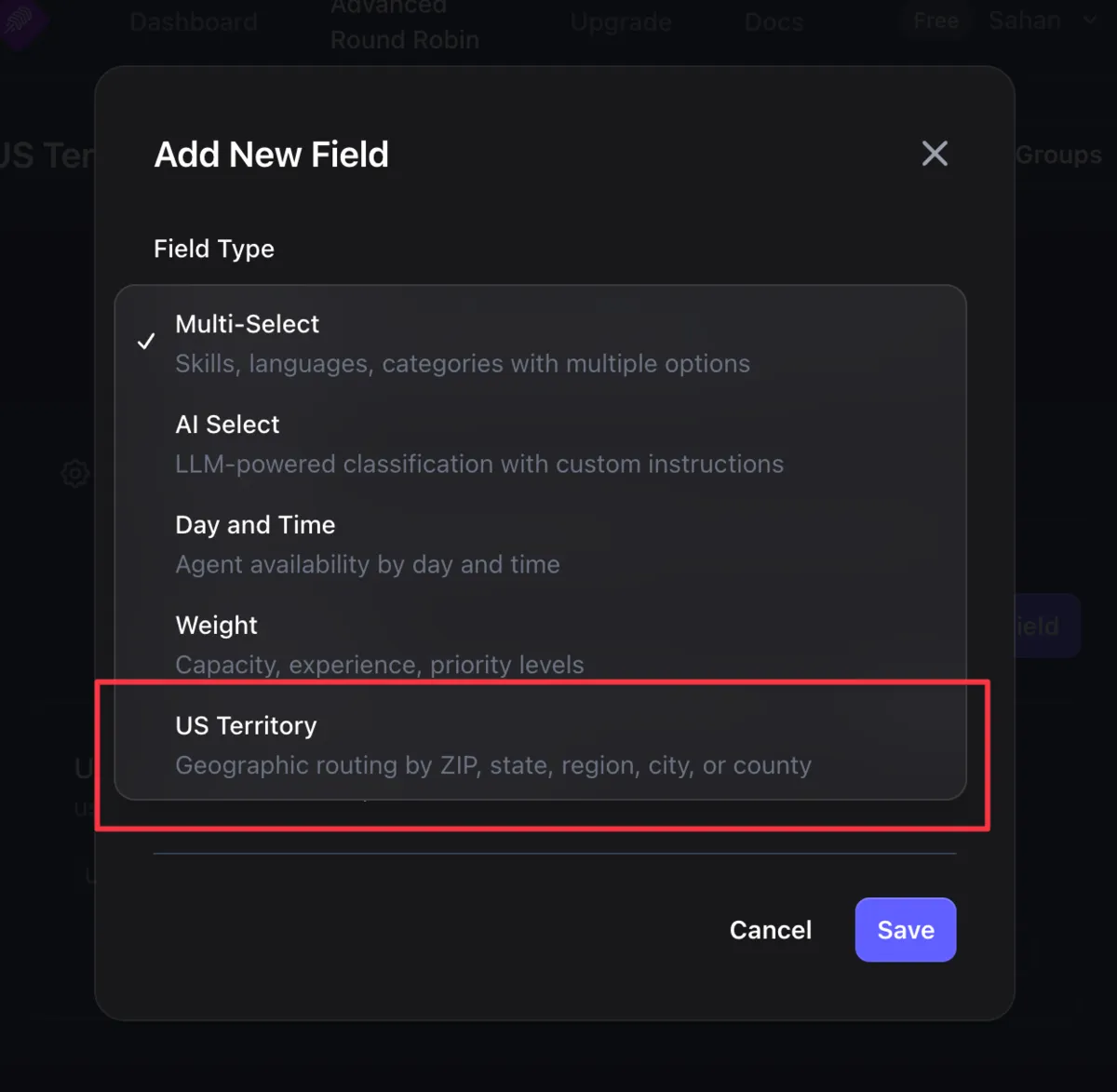 Add New Field modal with US Territory selected