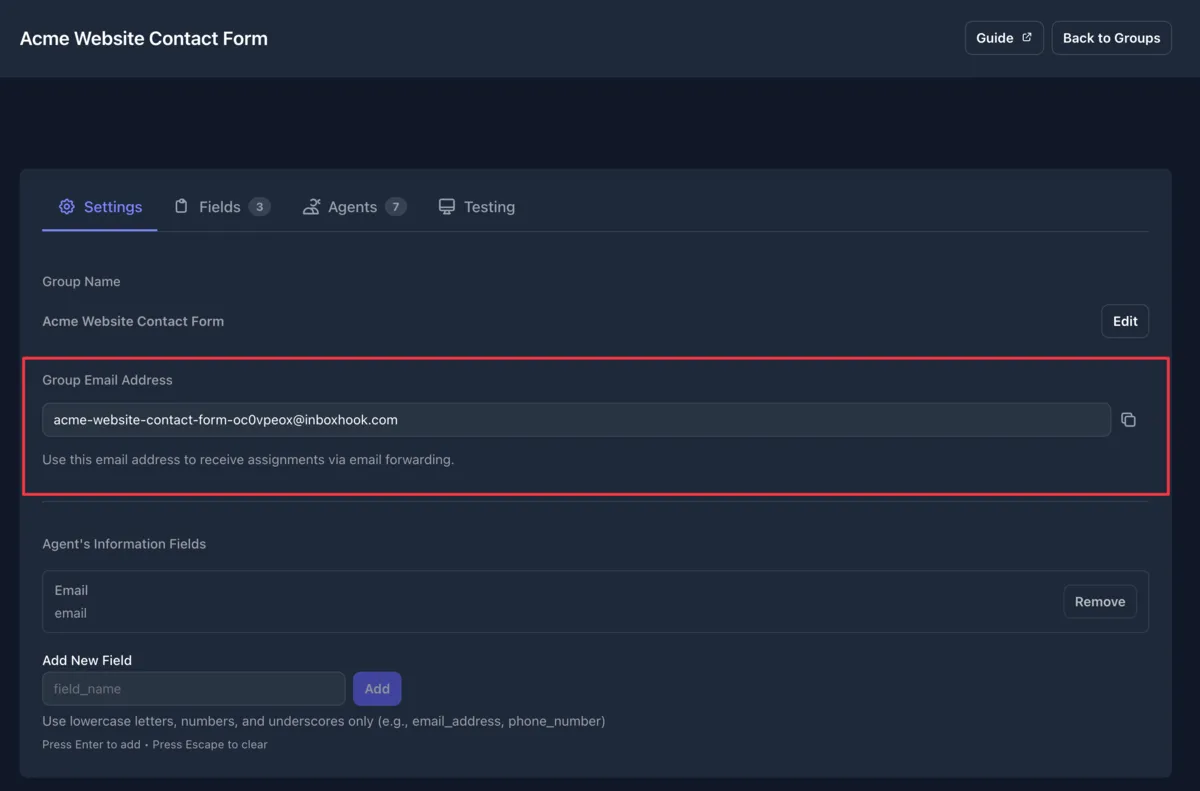 Group settings showing the email address and agent information fields