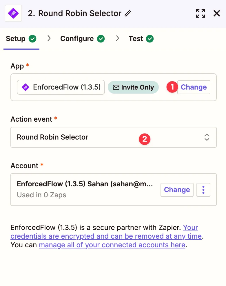 Select Round Robin action in Zapier