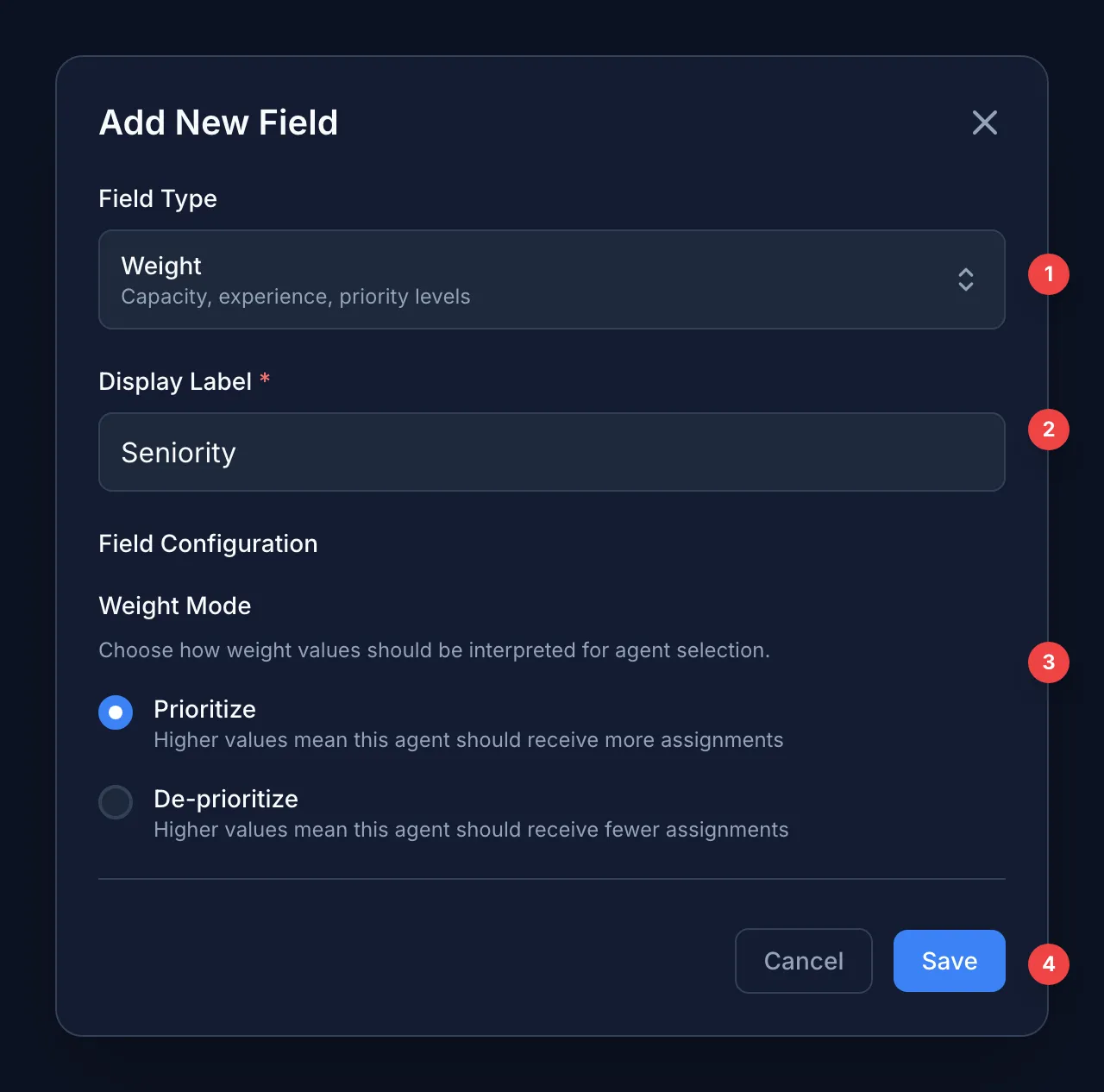 Weight field modal with Prioritize mode selected