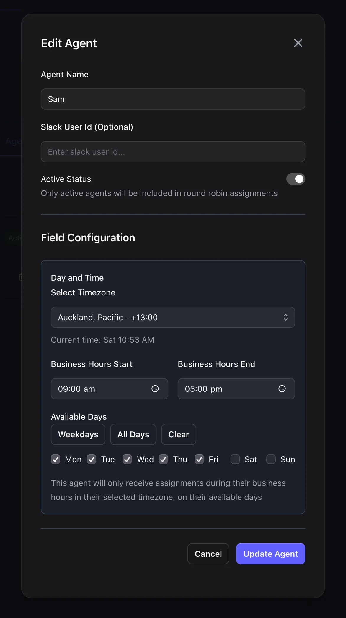 Add Agent modal showing Day and Time configuration