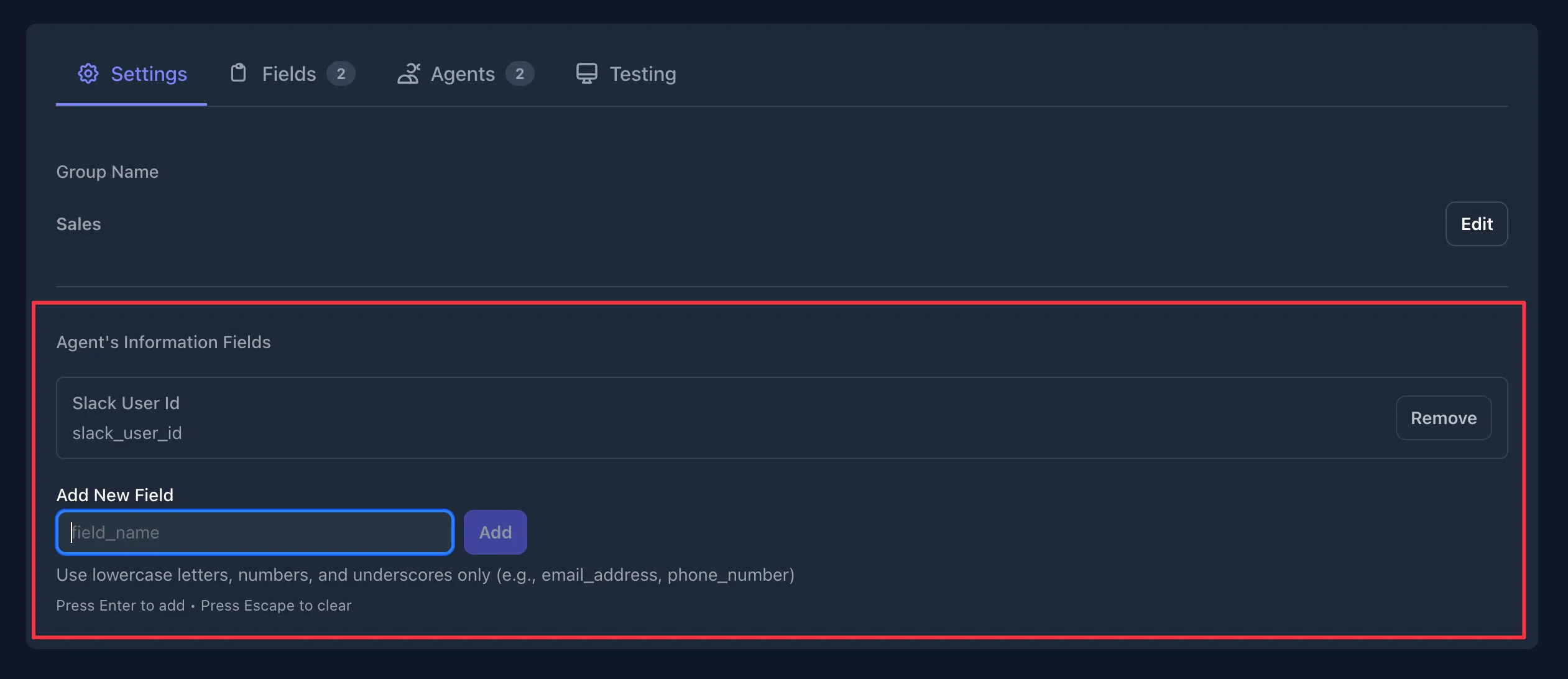 Agent's Information Fields configuration in Settings tab