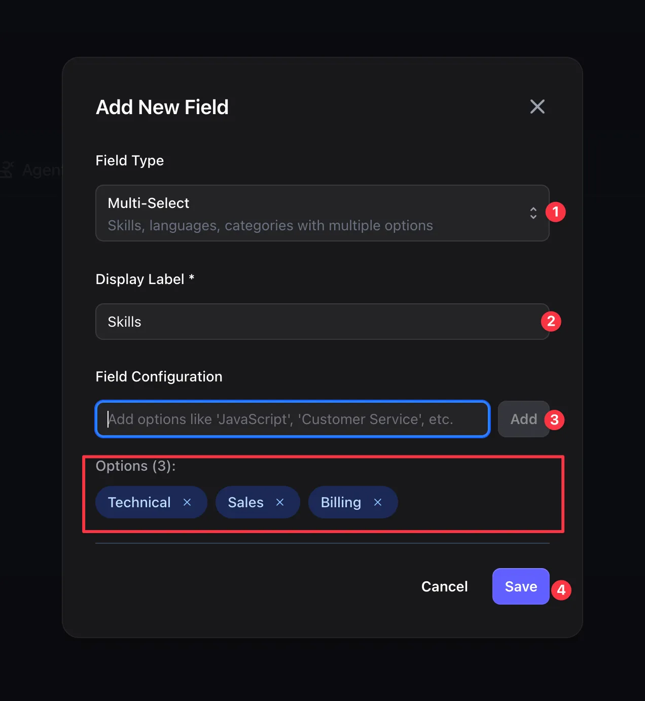 Multi-Select field configured with Skills options