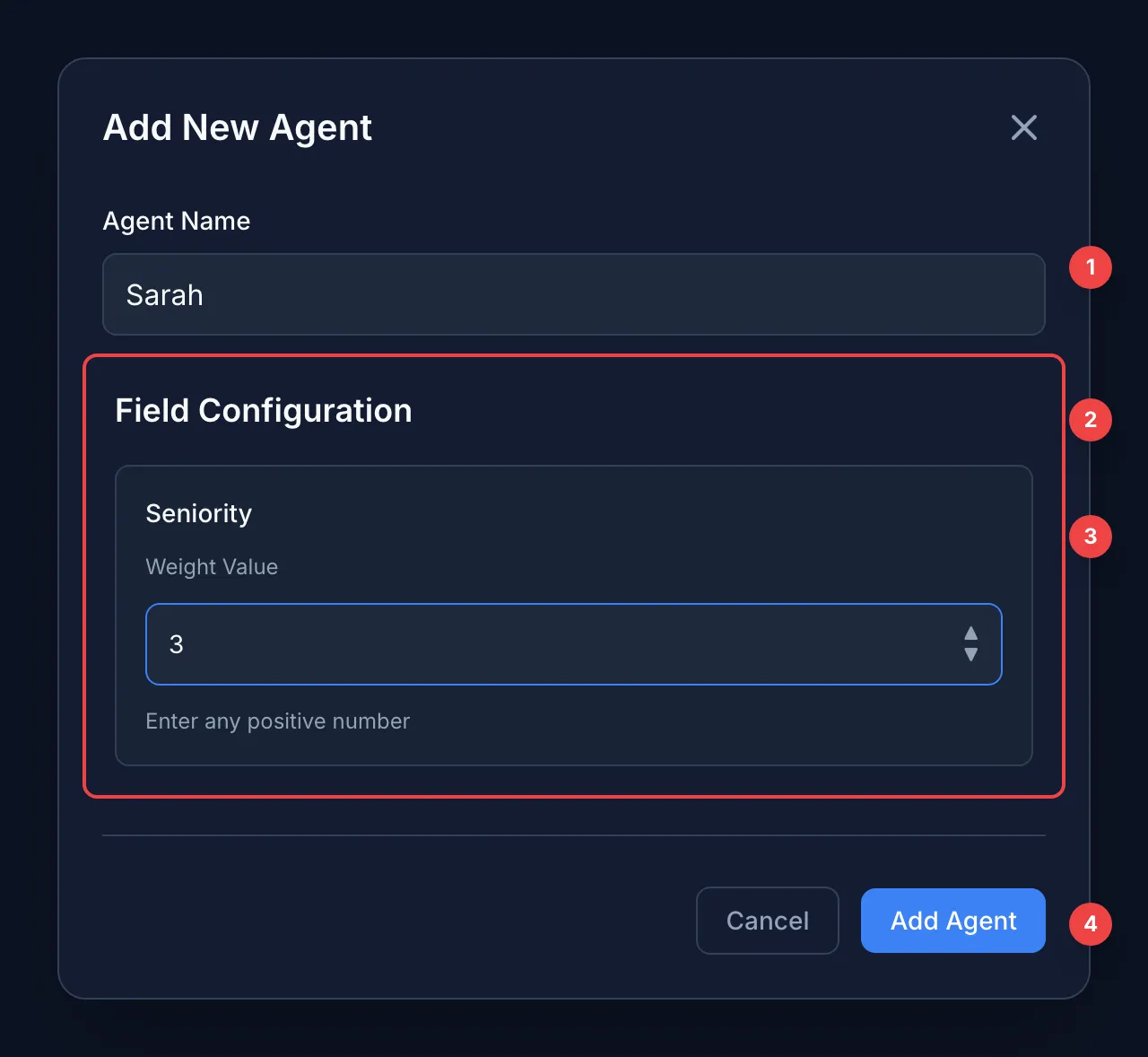 Add Agent modal showing Weight field as numeric input