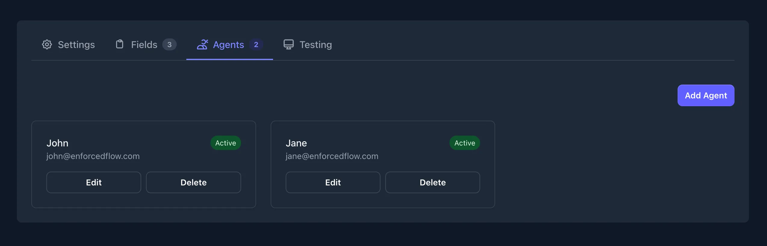 Agents tab showing list of agents with Edit and Delete options