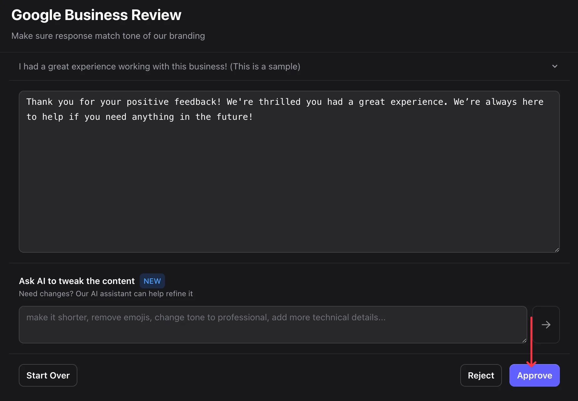 Review interface showing the AI-generated response with editing options
