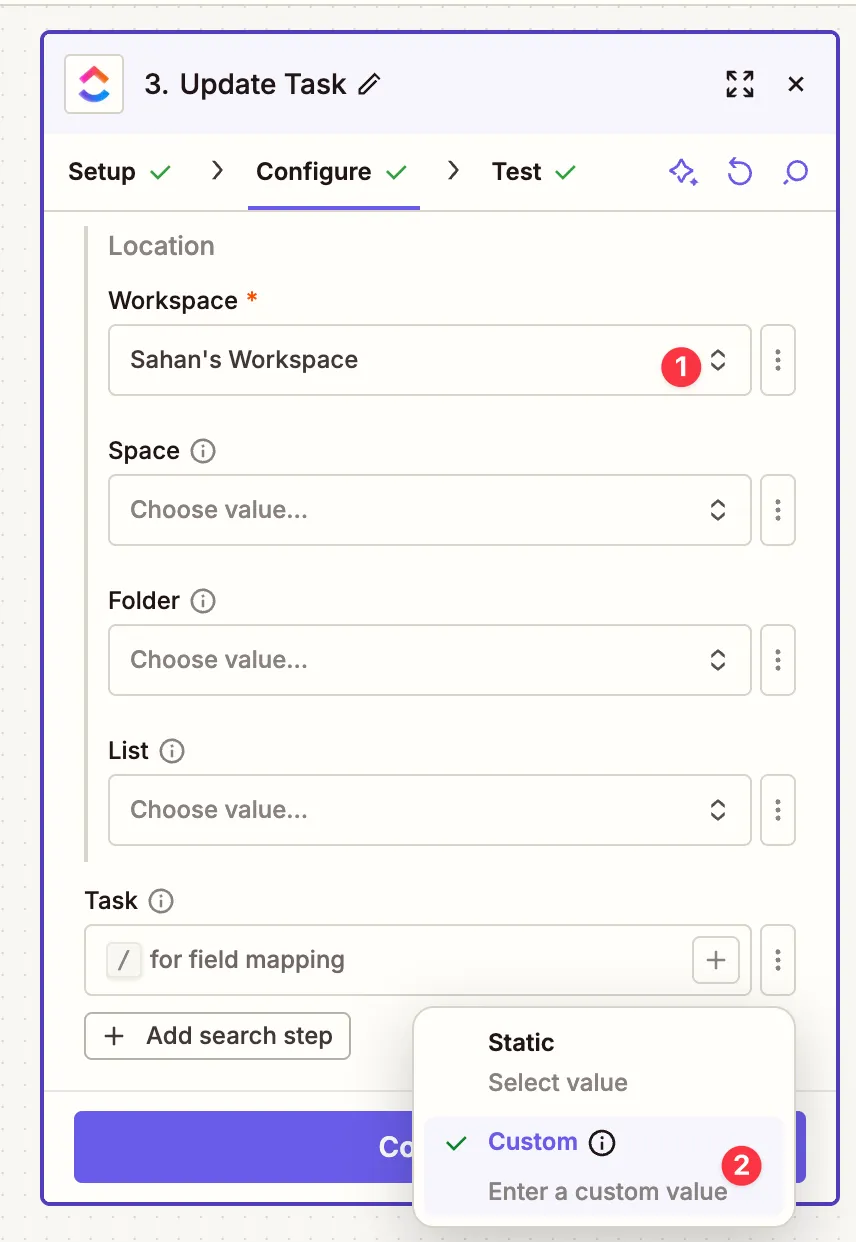 Update Task Configure